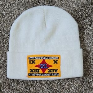 Vintage White Steelers Beanie with "Five Time World Champ" Patch Size Large